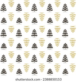 Christmas tree gold and black seamless pattern. Winter Noel print, New year holidays golden decoration, fir tree background, wallpaper, wrapping paper design, gift wrap.