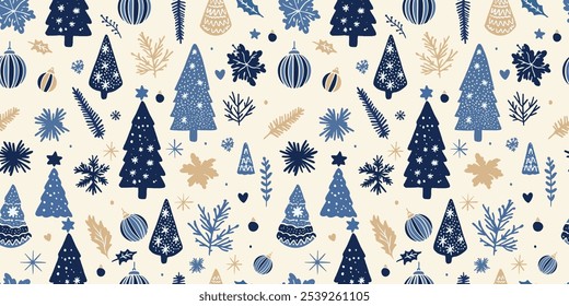 Christmas Tree Gold and Blue Cute Seamless Pattern Vector Illustration Holiday Ornament Design