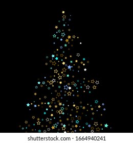 Christmas Tree. Gold, Blue stars, shiny confetti.
 Scattered little sparkling, glitter star. Random stellar falling on black background. New Year Christmas background. Vector illustration.