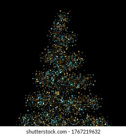 Christmas Tree. Gold, Blue stars, shiny confetti.
 Scattered little sparkling, glitter star. Random stellar falling on black background. New Year Christmas background. Vector illustration.