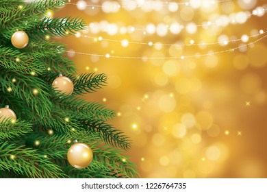 Christmas tree with gold blur bokeh lights background. Vector illustration for cover, banner, greeting card template.