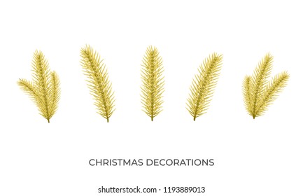 Christmas tree gold branches. Xmas and New Year realistic decoration. Fir tree design isolated