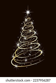 Christmas tree in gold color with glowing lights on a dark background.