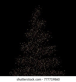 A Christmas tree of Gold, copper glitter confetti. Scattered little stars. Flashing red, rose, glitter elements. Random falling black background. New Year, Christmas background. Vector illustration.
