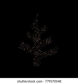 A Christmas tree of Gold, copper glitter confetti. Scattered little stars. Flashing red, rose, glitter elements. Random falling black background. New Year, Christmas background. Vector illustration.