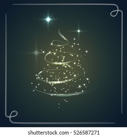 Christmas tree gold and dark blue, glossy, sparkling and shiny wave lines, greeting card and background vector art