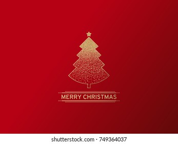 Christmas tree, gold design element on red background, vector illustration