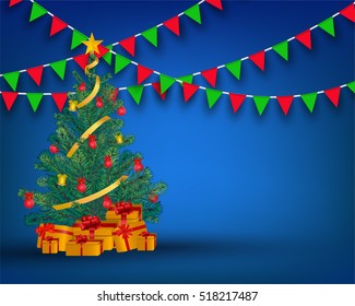 Christmas tree with gold gift box on bunting flag background. Concept designed for greeting card, poster, banner on new year season in vector illustration
