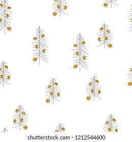 Christmas tree with gold glitter balls seamless pattern. Scandinavian holiday print. Vector hand drawn illustration.