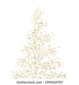 Christmas tree. Gold Glitter Stars. Luxury Shiny Confetti. Scatter little sparkle. Flash glow element. Random magic tiny light. Stellar fall white background. New Year, Christmas Vector illustration.