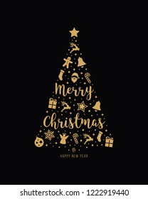 christmas tree gold icon elements lettering black background