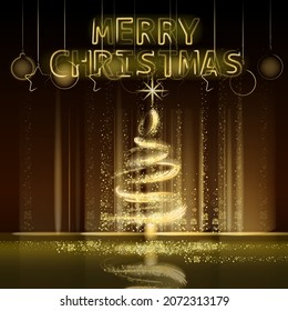 Christmas tree gold lights dust decoration, golden blurred magic glow on dark background. Merry Christmas holiday celebration. Vector illustration banner greeting card