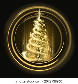 Christmas tree gold lights dust decoration, golden blurred magic glow on dark background. Merry Christmas holiday celebration. Vector illustration banner greeting card