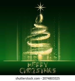 Christmas tree gold lights dust decoration, golden blurred magic glow on dark background. Merry Christmas holiday celebration. Vector illustration banner greeting card