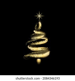 Christmas tree gold lights dust decoration, golden blurred magic glow on dark background. Merry Christmas holiday celebration. Vector illustration banner greeting card