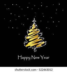Christmas tree with gold on black background. Happy New Year card. Vector
