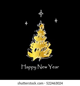 Christmas tree with gold on black background. New Year greeting card. Vector