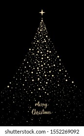 Christmas tree with gold particles and Merry Christmas lettering on black background.