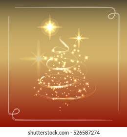 Christmas tree gold and red gradient, glossy, sparkling and shiny wave lines, greeting card and background vector art