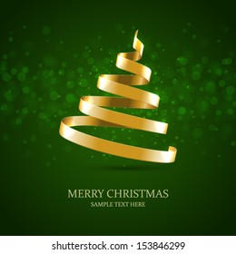 Christmas tree from gold ribbon vector background. Christmas card or invitation.