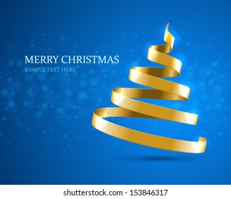 Christmas tree from gold ribbon vector background. Christmas card or invitation.