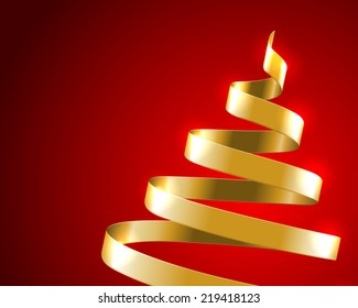 Christmas tree from gold ribbon vector background. Greeting card or invitation. Eps 10.