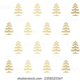 Christmas tree gold seamless pattern. Winter forest graphic Noel print, New year holidays golden decoration, background with fir tree, wallpaper, wrapping paper design, gift wrap.