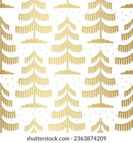 Christmas tree gold seamless pattern. Winter forest graphic Noel print, New year holidays golden decoration, background with fir tree, wallpaper, wrapping paper design, gift wrap.
