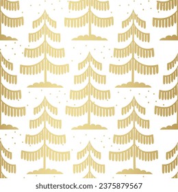 Christmas tree gold seamless pattern. Winter forest graphic Noel print, New year holidays golden decoration, background with fir tree, wallpaper, wrapping paper design, gift wrap.