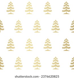 Patrón sin costuras de oro en el árbol de Navidad. Gráfico del bosque de invierno Impresión noel, vacaciones de año nuevo decoración dorada, fondo con árbol de abeto, papel pintado, diseño de papel envolvente, envoltura de regalo.