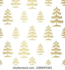 Patrón sin costuras de oro en el árbol de Navidad. Gráfico del bosque de invierno Impresión noel, vacaciones de año nuevo decoración dorada, fondo con árbol de abeto, papel pintado, diseño de papel envolvente, envoltura de regalo.