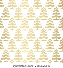 Christmas tree gold seamless pattern. Winter forest graphic Noel print, New year holidays golden decoration, background with fir tree, wallpaper, wrapping paper design, gift wrap.