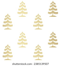Christmas tree gold seamless pattern. Winter forest graphic Noel print, New year holidays golden decoration, background with fir tree, wallpaper, wrapping paper design, gift wrap.