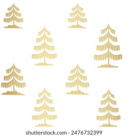 Motif harmonieux d'or de l'arbre de Noël. Impression graphique de forêt d'hiver Noel, décoration de Nouvel an, arrière-plan doré avec sapin, fond d'écran, création de papier d'emballage, enveloppement cadeau.