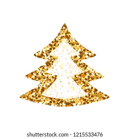 Christmas tree of gold sequins, confetti, sequins, rhinestones. Isolated image on white background