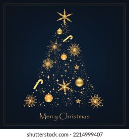 Christmas tree with Gold Shining Snowflakes and sparkle light decoration. 