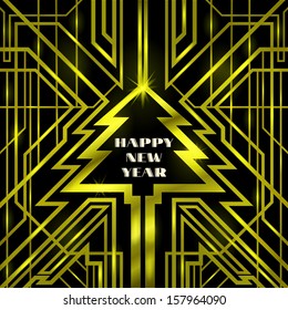 Christmas tree with gold shiny grille, abstract background, Christmas card art deco