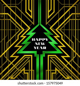 Christmas tree with gold shiny grille, abstract background, Christmas card art deco