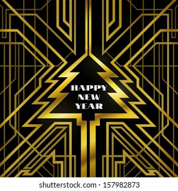 Christmas Tree With Gold Shiny Grille, Abstract Background, Christmas Card Art Deco