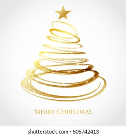 Christmas tree from gold spiral with star on top. Card design. Holiday vector background.