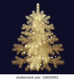 Christmas tree. Gold spruce with decorations sparkling garlands isolated on black background. Vector illustration of a fir or pine. For holiday gifts, greeting cards, signboard, signs, posters