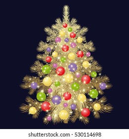 Christmas tree. Gold spruce with decorations and sparkling garlands isolated on black background. Vector illustration of a fir or pine. For holiday gifts, greeting cards, signboard, signs, posters