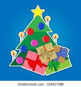 Christmas tree with gold star, candles and colored gifts with a blue background