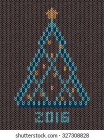 Christmas tree with gold stylized star and balls. New year 2016 vintage card. Knitted hand made embroidery seamless pattern