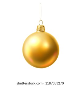 Christmas tree golden ball toy. Realistic shiny golden decor element. Traditional festive xmas eve, new year celebration decoration design symbol. Vector bright decorative hanging object