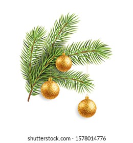 Christmas tree with golden christmas balls on white background. Vector illustration.