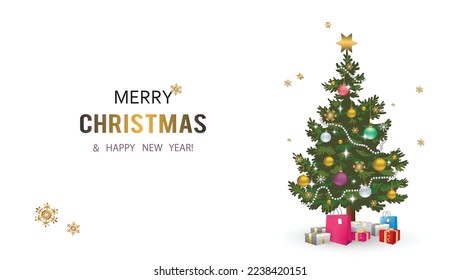 Christmas tree with golden balls and snowflakes, colored toys, garlands decorations and lots of presents nearby. Christmas background with a congratulatory inscription for a greeting card or banner.