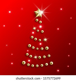 Christmas tree of Golden balls and stars on red background. Nice holiday card.