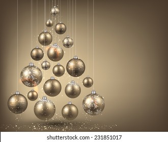 Christmas tree with golden christmas balls. Vector illustration. 