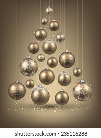Christmas tree with golden christmas balls. Vector illustration. 